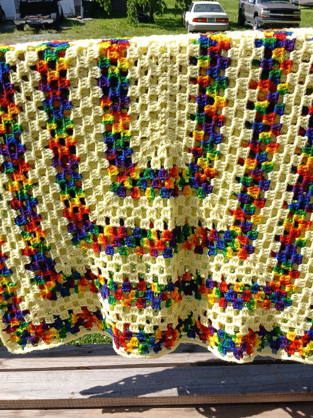 Handmade Lemon Yellow Crochet Throw Blanket with Rainbow Accents